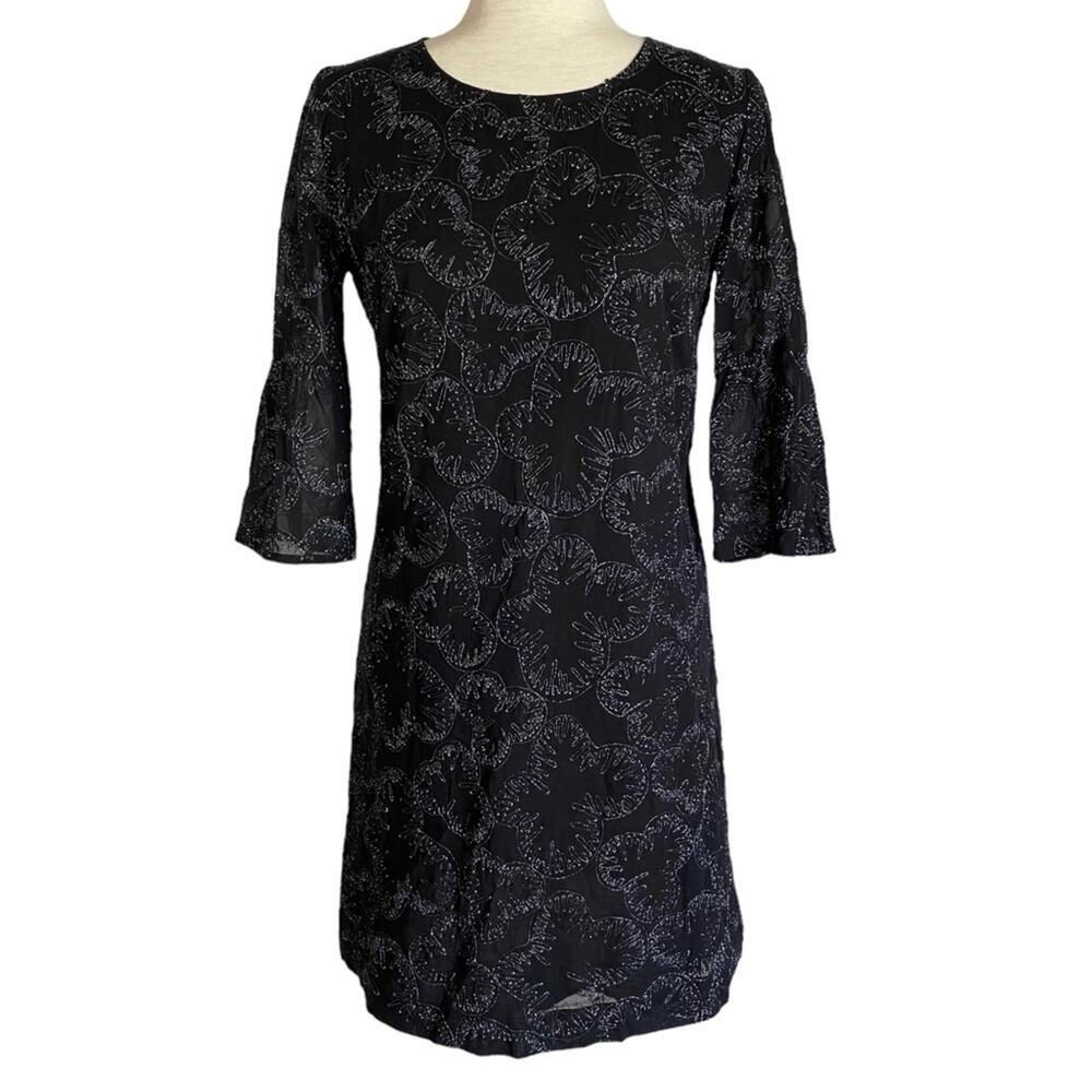 FRENCH CONNECTION Black Sequin Sparkle Bell Cuff Shift Dress Size 6 Mini